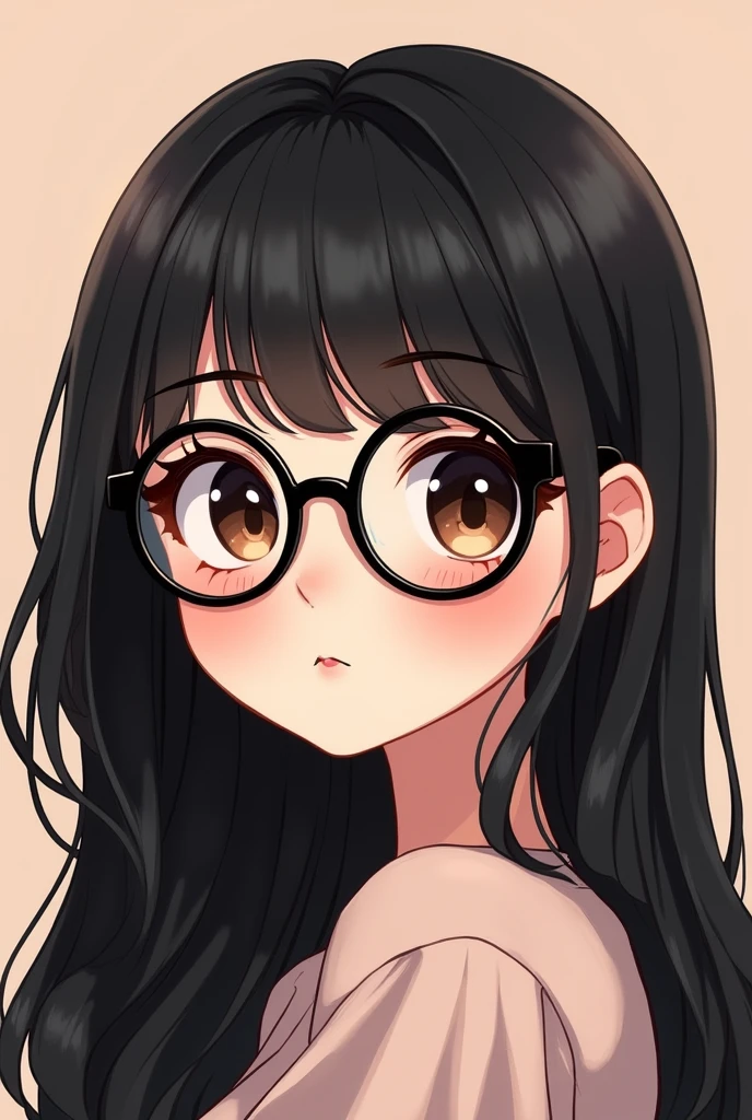 Look, I would like you to do it, a chibi-style FEMALE character with dark brown eyes, and long black hair with bangs, with round black glasses, Caucasian skin, just the character's face