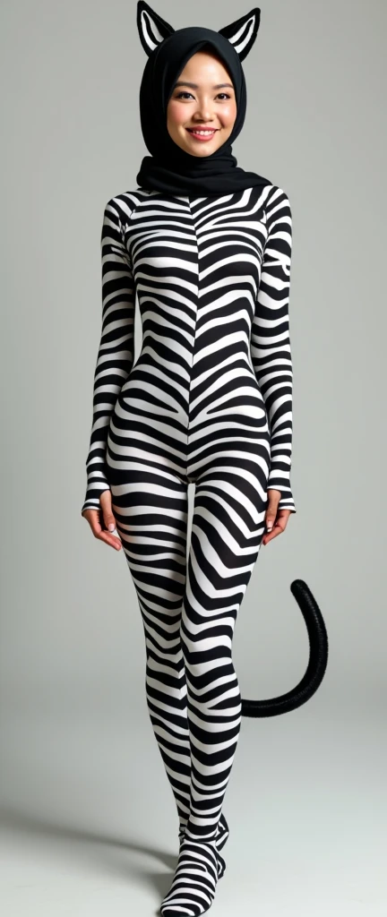 The beautiful and slender thin asian muslimah adult girl with beautiful cheeks wears plains zebra print lycra turtleneck unitard catsuit covered with stripes with a tail and plains zebra print lycra elastane stretchy dancewear 100% stretchy hijab covered with stripes with zebra ears.She is happy.She always put strong black marker pen a pair of fake long cat whiskers and nose makeup!