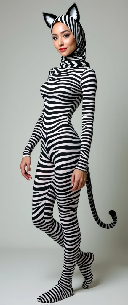 The beautiful and slender thin asian muslimah adult girl with beautiful cheeks wears plains zebra print lycra turtleneck unitard catsuit covered with stripes with a tail and plains zebra print lycra elastane stretchy dancewear 100% stretchy hijab covered with stripes with zebra ears.She is happy.She always put strong black marker pen a pair of fake long cat whiskers and nose makeup!