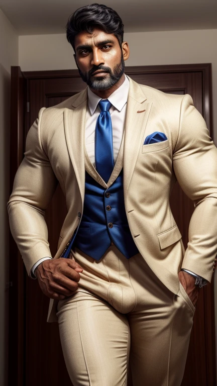 Handsome 40 years old Indian beared GURJAR man changing his formal suit in home, huge bulge, head to thigh, from front view, realistic, hd, hdr, detailed pictures, originality 