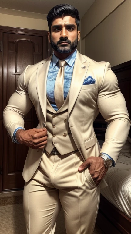 Handsome 40 years old Indian beared GURJAR man changing his formal suit in home, huge bulge, head to thigh, from front view, realistic, hd, hdr, detailed pictures, originality 