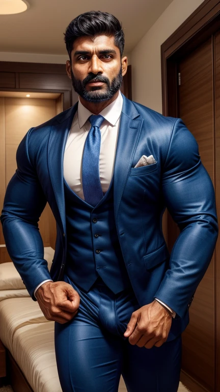 Handsome 40 years old Indian beared GURJAR man changing his formal suit in home, huge bulge, head to thigh, from front view, realistic, hd, hdr, detailed pictures, originality 