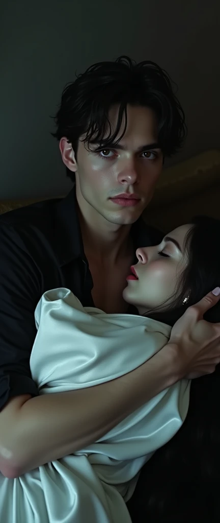 Boy in a dark room, realistic with Sebastian Stan features, very attractive, black fur, black eyes, pale skin and tall. He wears a black dress shirt, He holds a sleeping girl in his arms. She has very long black hair, fine nose, red lips and very pale skin. She wears a white silk robe.