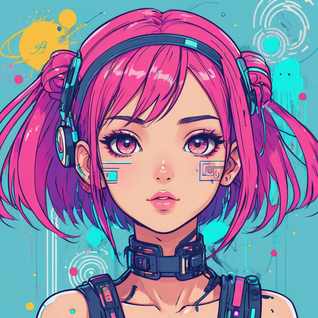 cheered up, A girl, kawaii, cyberpunk, showy, ink paint line art, vector art, thick lines, glitch art, Flat colors, Clave visual, Vibrant, Technical drawing, line art, minimalist, Masterpiece,