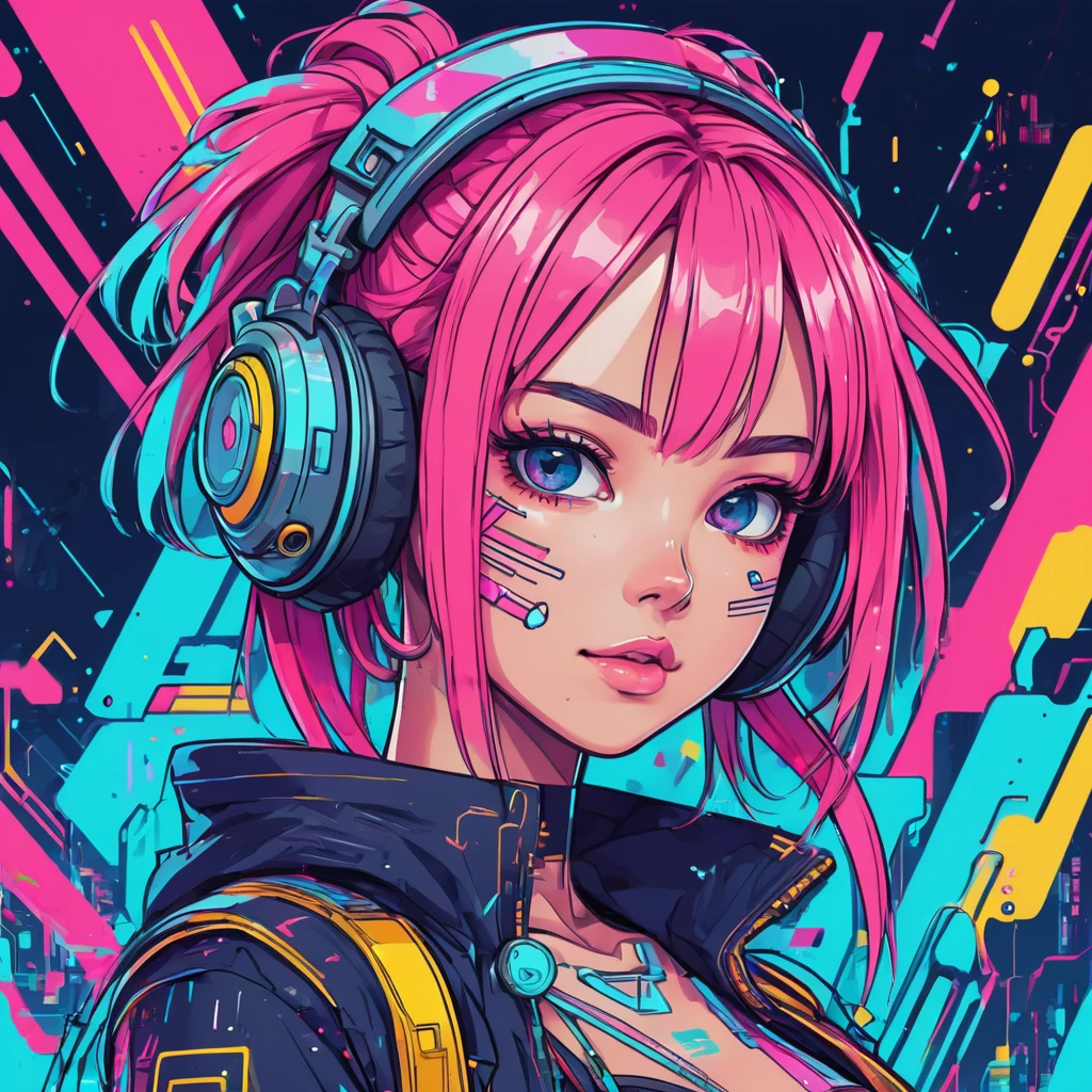 cheered up, A girl, kawaii, cyberpunk, showy, ink paint line art, vector art, thick lines, glitch art, Flat colors, Clave visual, Vibrant, Technical drawing, line art, minimalist, Masterpiece,