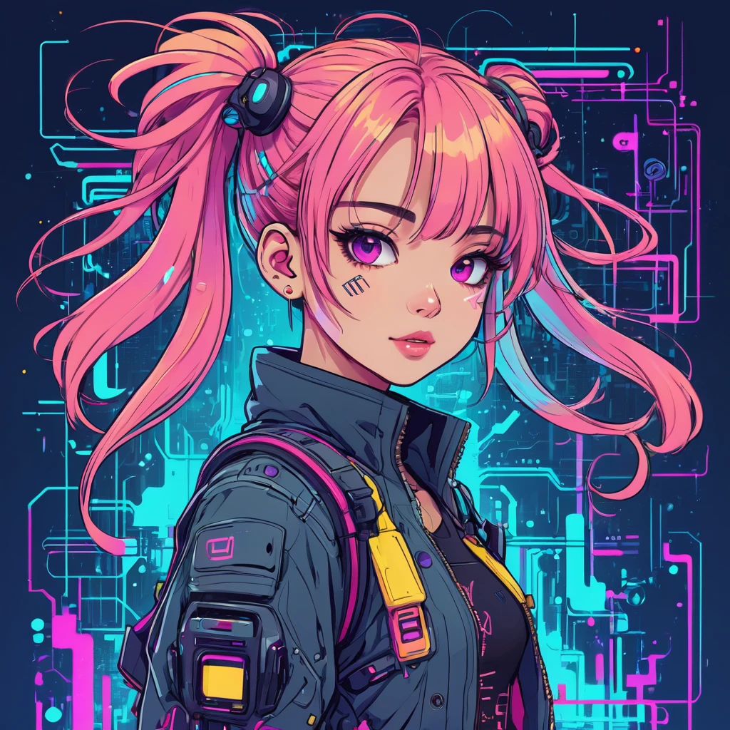 cheered up, A girl, kawaii, cyberpunk, showy, ink paint line art, vector art, thick lines, glitch art, Flat colors, Clave visual, Vibrant, Technical drawing, line art, minimalist, Masterpiece,