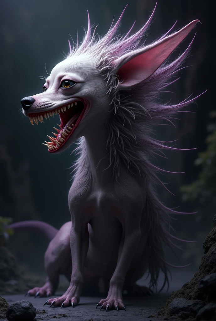 chihuahua head with phiranna teeth & fins with hair & blacjk & purple long tail