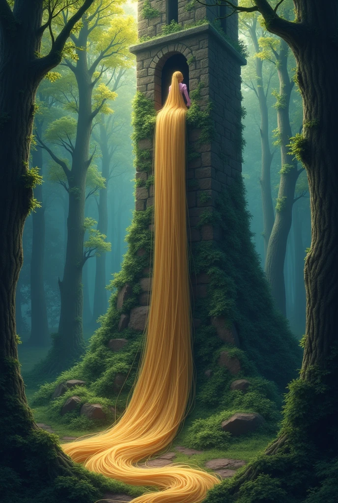 Rapunzel is a classic fairy tale about a young girl with long, golden hair. Here's a summary:

Once upon a time, there was a couple who longed for a child. They lived next to a beautiful garden belonging to a wicked witch. One day, the wife saw some rampion (a type of lettuce) in the garden and craved it. The husband, desperate to please her, sneaked into the garden to steal some. The witch caught him and, in exchange for his life, demanded their first child.

When their daughter was born, the witch took her away and named her Rapunzel. She locked Rapunzel in a tower deep in the forest, with no doors or stairs, only a small window at the top. As Rapunzel grew, her hair became long and beautiful. The witch would visit her by standing below the tower and calling, "Rapunzel, Rapunzel, let down your hair!" Rapunzel would then let her long hair down so the witch could climb up.

One day, a prince passing through the forest heard Rapunzel singing from her tower. Captivated by her voice, he found the tower and, after observing the witch's routine, mimicked her call. When Rapunzel let down her hair, the prince climbed up. They met and fell in love. The prince visited her every night, and they planned to escape together.

However, the witch discovered their plan. In a rage, she cut off Rapunzel's hair and banished her to a desolate land. When the prince arrived the next day, the witch let down the cut hair, and he climbed up, only to find the witch instead of Rapunzel. In despair, the prince jumped from the tower, blinded by the thorns below.

For years, he wandered the land, until one day, he heard Rapunzel's voice again. She had given birth to twins and was living in a remote wilderness. When they reunited, Rapunzel's tears of joy fell on the prince's eyes, miraculously restoring his sight.

They returned to the prince's kingdom, where they lived happily ever after.