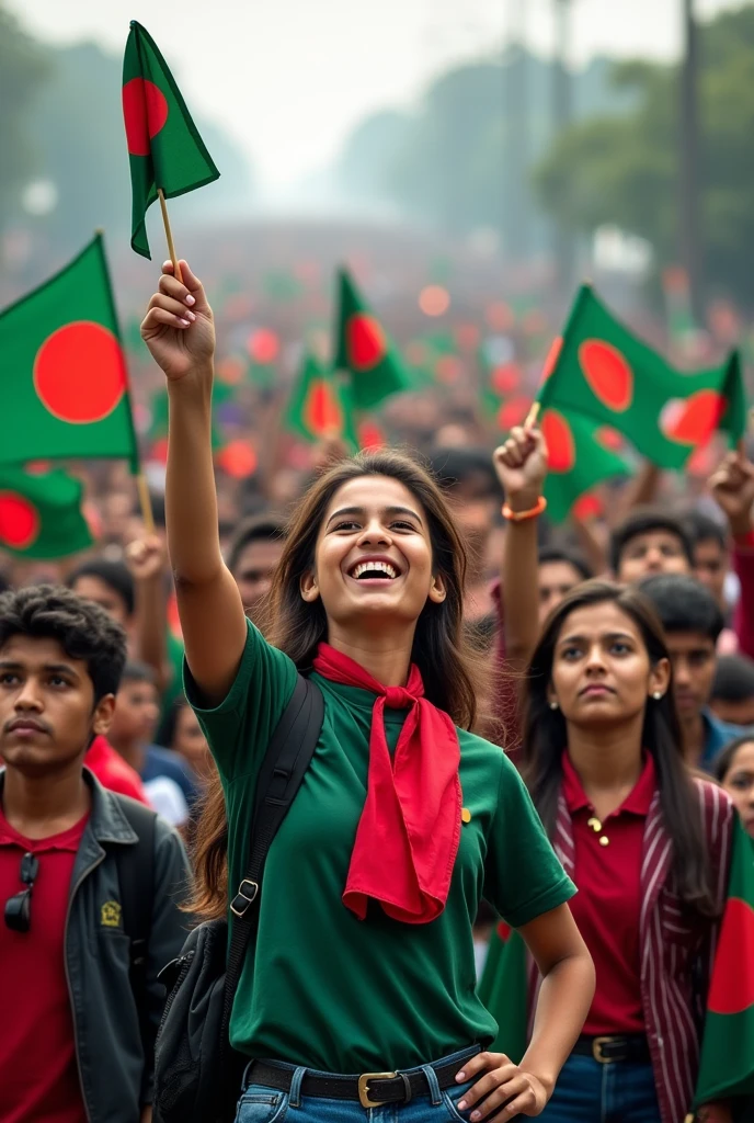 Very large student crowd on road, bangladesh, holding Bangladesh national flag