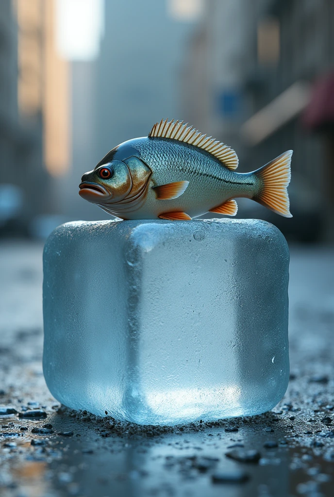 One fish on big rectangle ice cube, tale touch ground on road