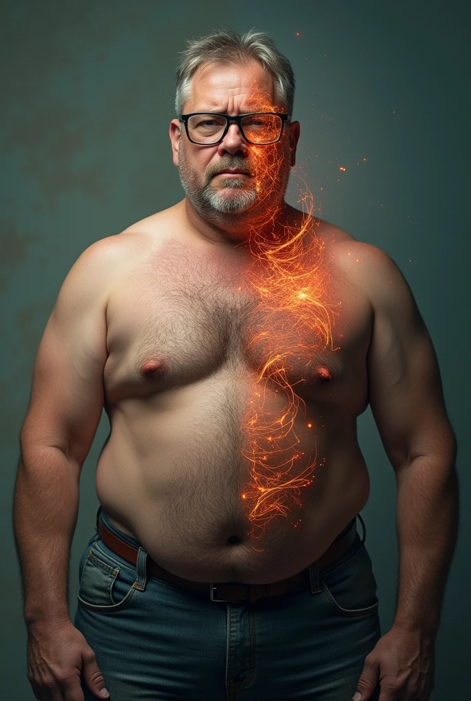 Half Mentally weak man with overweight body, recieding hair and eyeglasses and other half of thé same man mentally strong with fit body and a Glow UP face