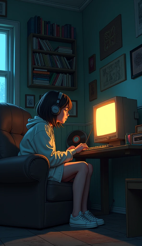 Girl listening to music in a cozy room at night, Using headphones, 2D style anime, Lo-fi, hard disk, Dark environment