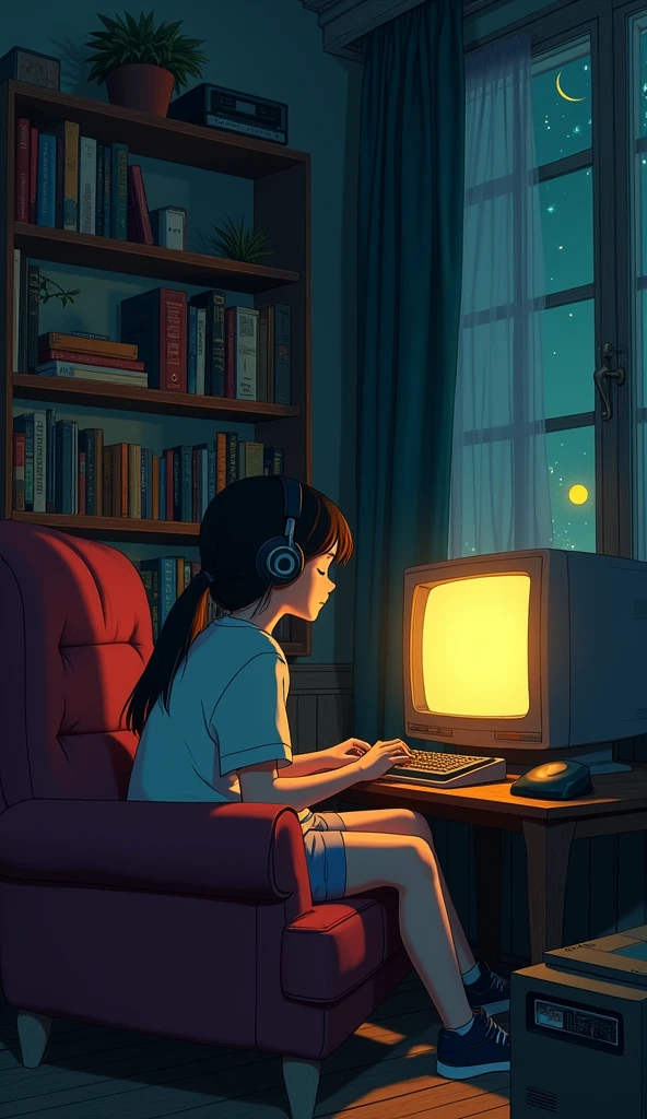 Girl listening to music in a cozy room at night, Using headphones, 2D style anime, Lo-fi, hard disk, Dark environment