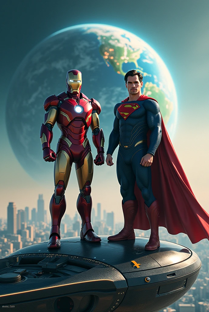Ironman and Superman Henry kevil stand in top of spaceship background earth