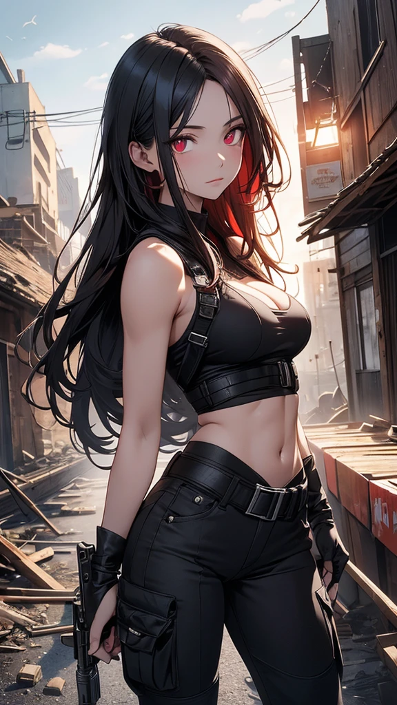 4K resolution,((Highest quality)),Ultra-high resolution,Adult women, alone, sexy, (Grim face), (Light red eyes), Beautiful and symmetrical face, (Black irregular long hair),Combat Vest,cargo pants,Realistic:1.4,Realistic:1.4,(masterpiece:1.2),Perfect Eyes,Perfect Eyes,Ample breasts,Muscular and toned body,Perfect Legs,Dilapidated building,Holding a gun