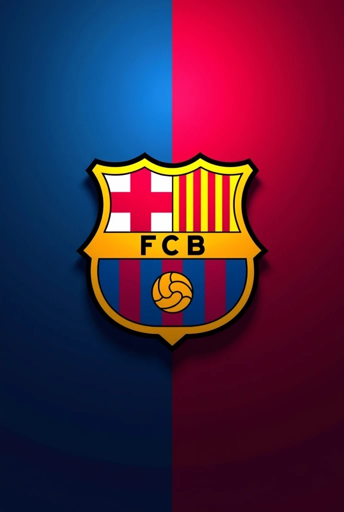 Create an image where the Barca logo is in the middle and the background is separated in a line from top to bottom. On the left side the background should be blue and on the right side red