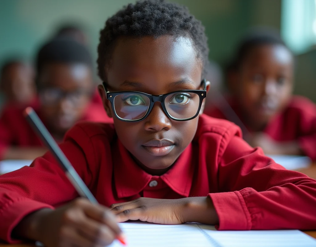 Developing cultural and intellectual skills, education according to the curricula prescribed for students , receiving information in the classroom, a close-up picture of a african student with glases wearing a red uniform sitting on a school desk, performing school assignments