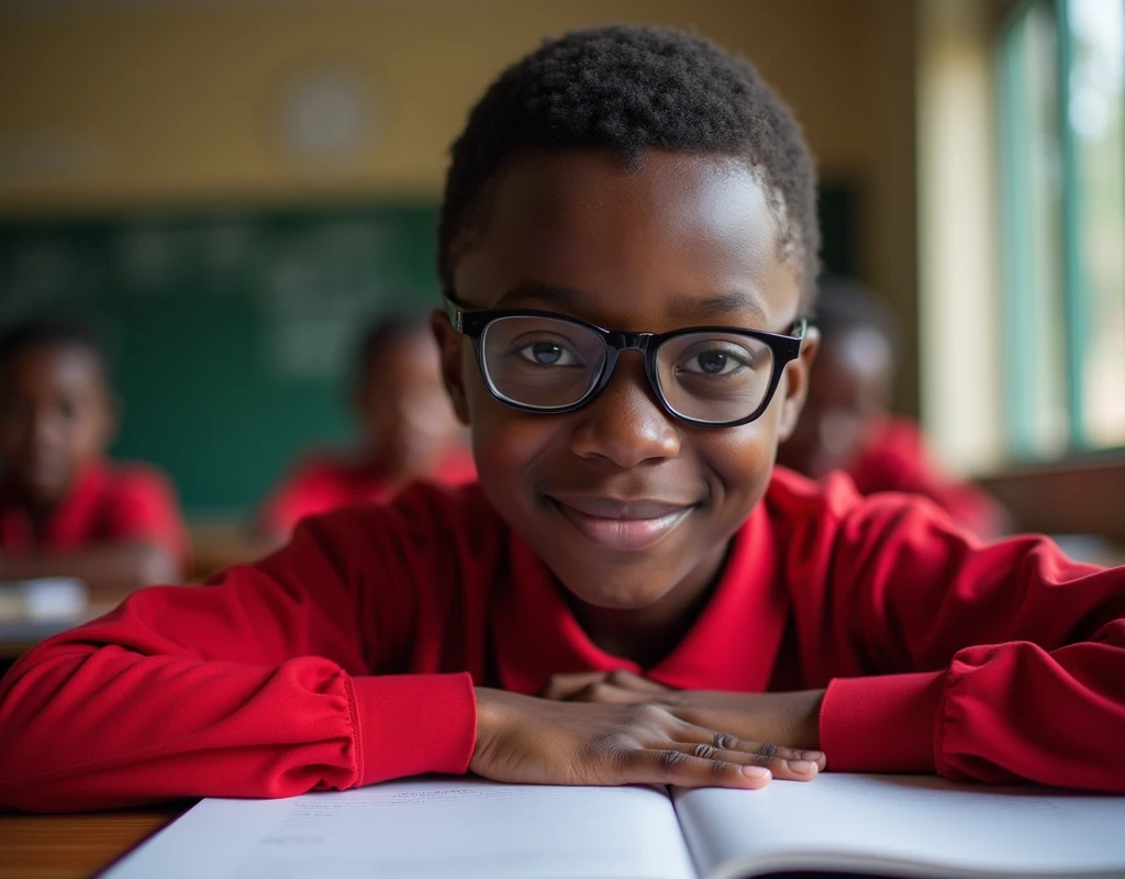 Developing cultural and intellectual skills, education according to the curricula prescribed for students , receiving information in the classroom, a close-up picture of a african student with glases wearing a red  uniform sitting on a school desk, performing school assignments
