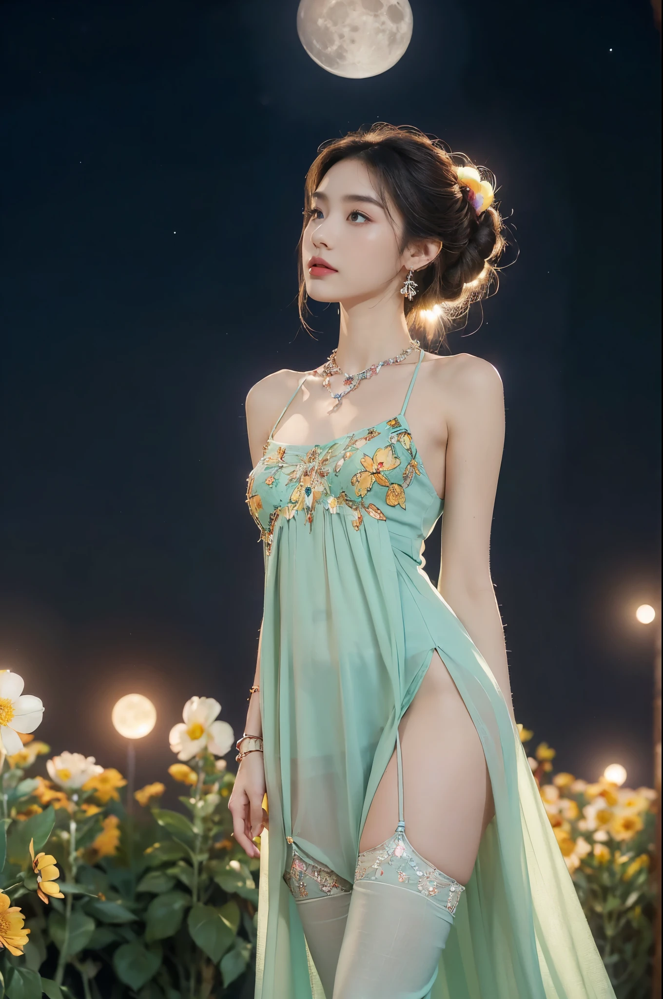 (((best quality))),(((ultra detailed))),(((masterpiece))),illustration,((1 beautiful girl,solo)),(neat chignon:1.2),((earrings,crystal necklace)),((slim,thin)),((small breasts,flat chest)),(slender legs:1.2),(stockings:1.3),(a moon in the clear night sky as the background:1.3), gentle glow,(Standing in the world full of vibrant flowers:1.3),(arms behind back:1.3),(gorgeous maxi dress:1.3),sparkling eyes,graceful,(surrounded by crowded colorful flowers:1.5), kaleidoscope, shimmer,bright moonlight, delicate petals, fragrance, otherworldly, magical realm, enchantment, tranquility, essence of beauty, peace,(outdoor:1.2),(night scene:1.3),((from front,upper body))