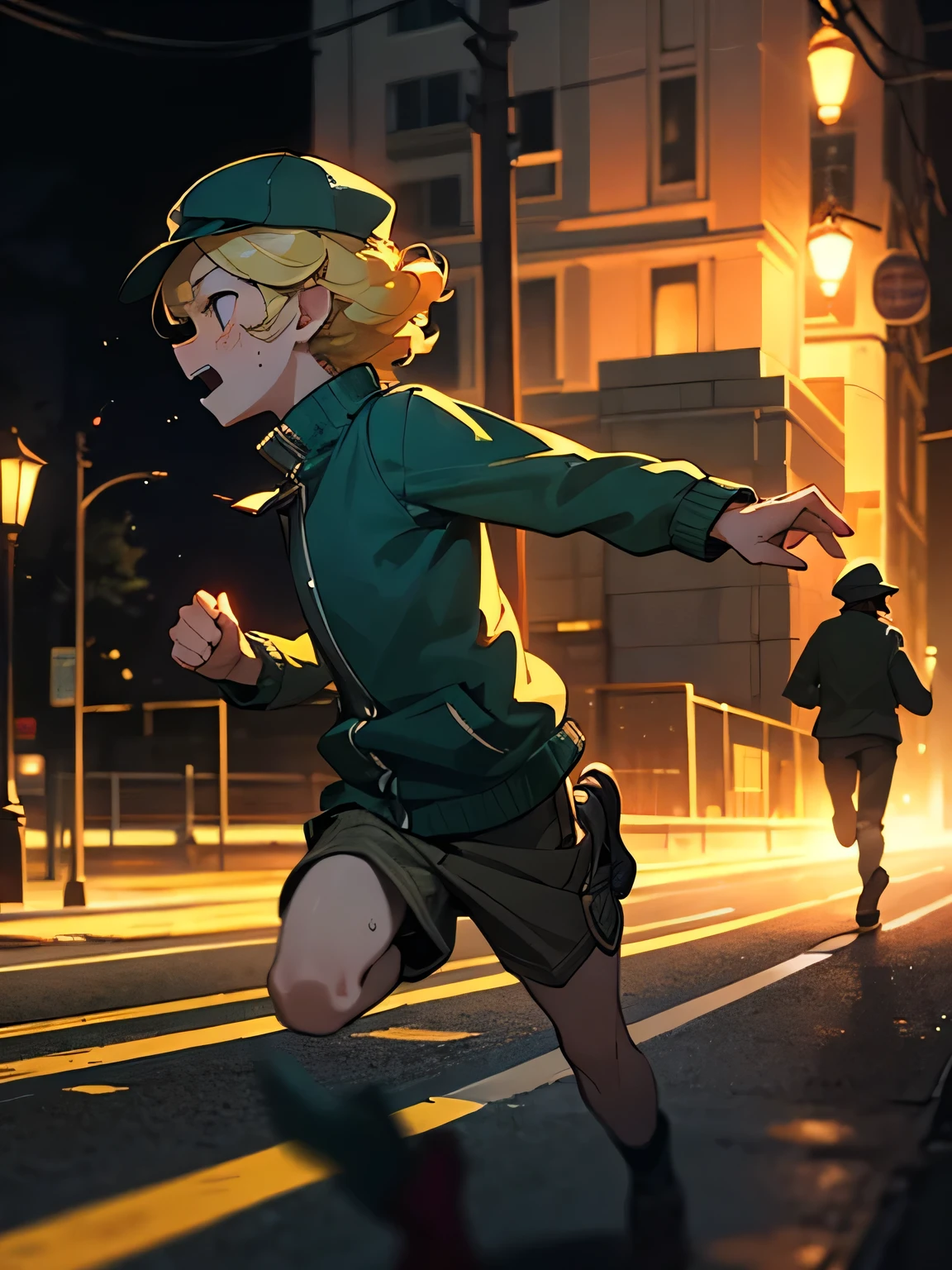 solo, (flat cap),blond short curly boyish hair, freckles, profile, running at full speed, panicked face, thief, street corner, cold sweat,Midnight、Street lamp、Mysterious atmosphere