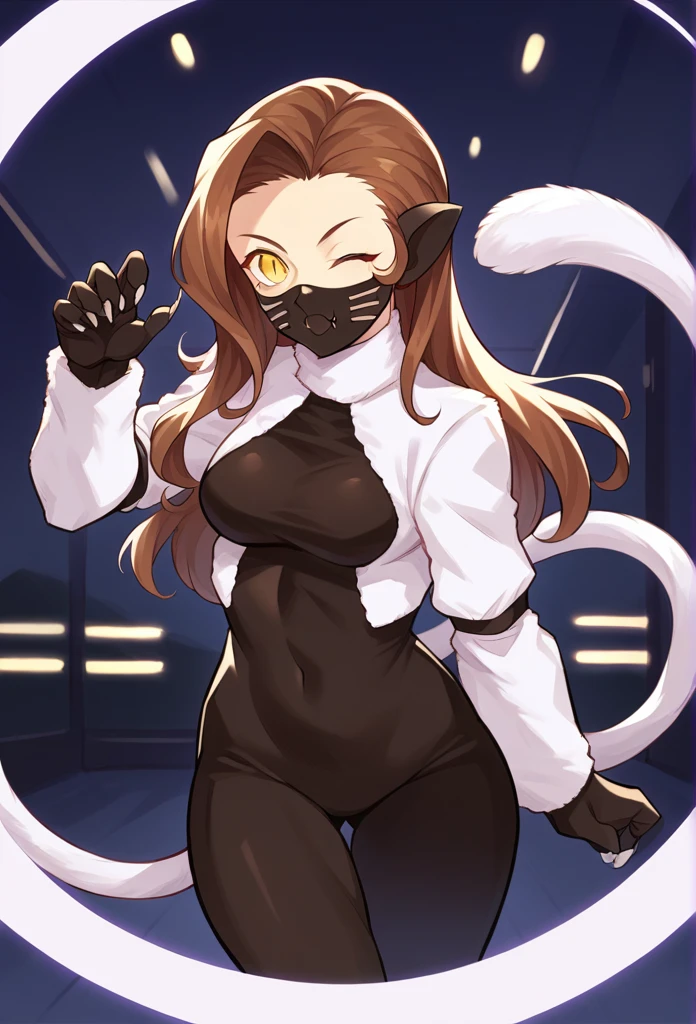 score_9, score_8_up, score_7_up, source_anime BREAK 1girl, solo,
 nekomatasmt, brown hair, long hair, yellow eyes, slit eyes, cat tail, animal ears, claws, face mask, bodysuit, bolero, 
cowboy shot, night club, indoors, dark, dynamic pose, wink