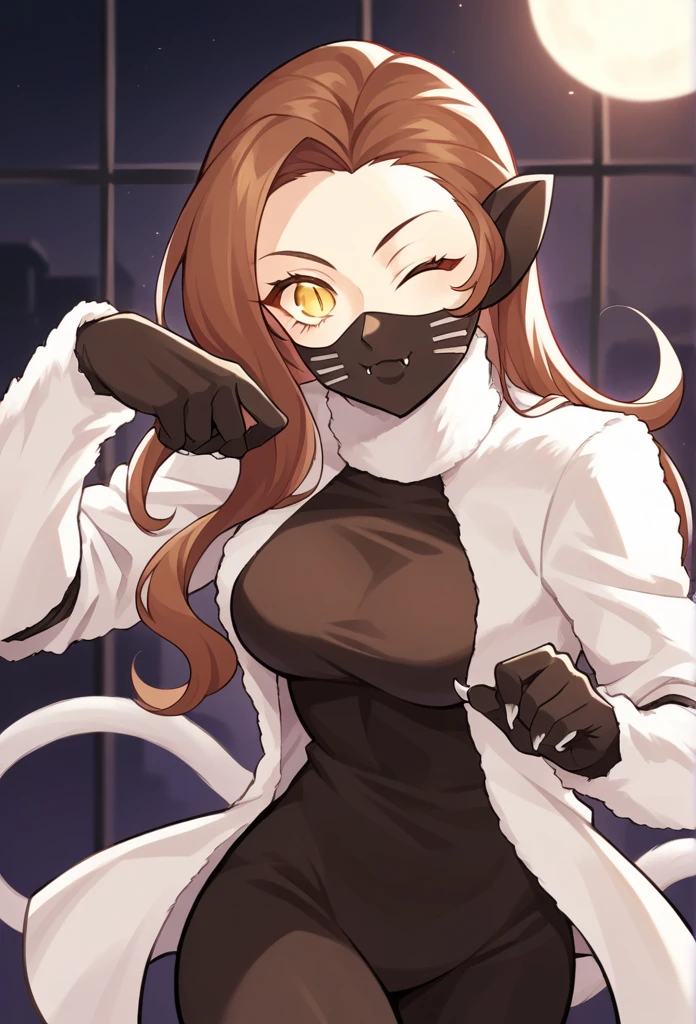 score_9, score_8_up, score_7_up, source_anime BREAK 1girl, solo,
 nekomatasmt, brown hair, long hair, yellow eyes, slit eyes, cat tail, animal ears, claws, face mask, bodysuit, bolero, 
cowboy shot, night club, indoors, dark, dynamic pose, wink