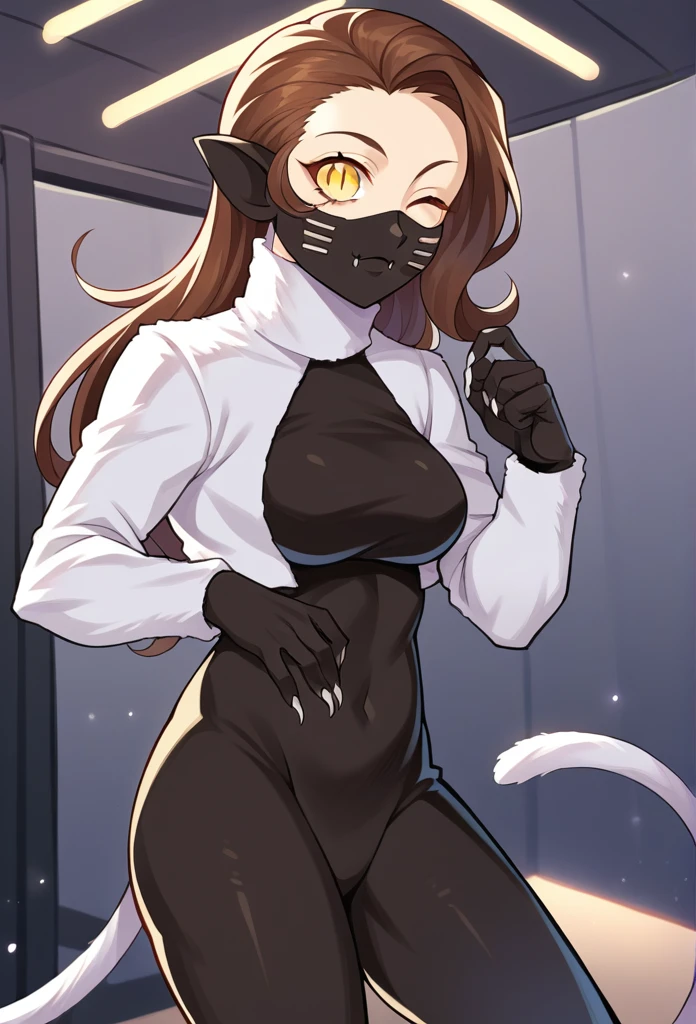 score_9, score_8_up, score_7_up, source_anime BREAK 1girl, solo,
 nekomatasmt, brown hair, long hair, yellow eyes, slit eyes, cat tail, animal ears, claws, face mask, bodysuit, bolero, 
cowboy shot, night club, indoors, dark, dynamic pose, wink