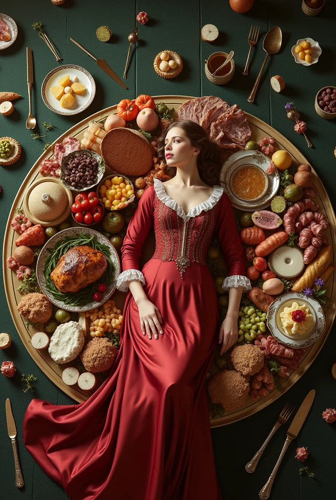 A well-dressed European woman lies on a plate full of food with cutlery