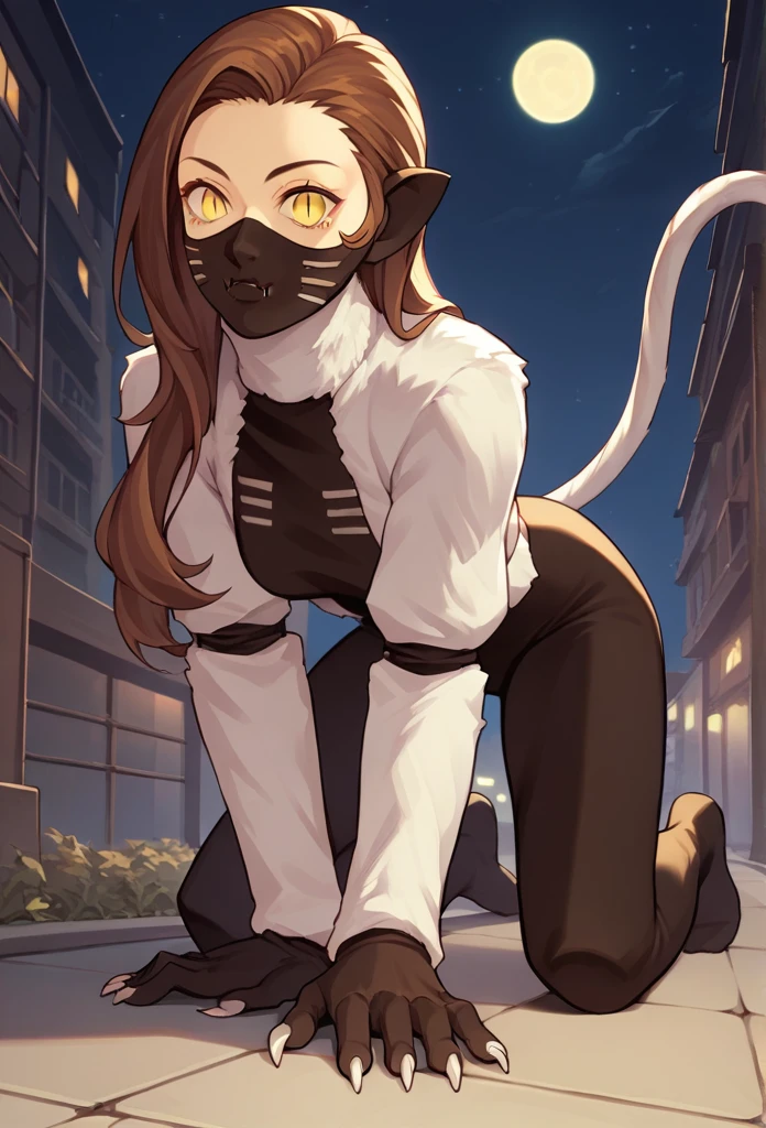 score_9, score_8_up, score_7_up, source_anime,  1girl, all fours, looking at viewer, nekomatasmt, brown hair, long hair, yellow eyes, slit eyes, cat tail, animal ears, claws, face mask, bodysuit, bolero, outdoors, night, city