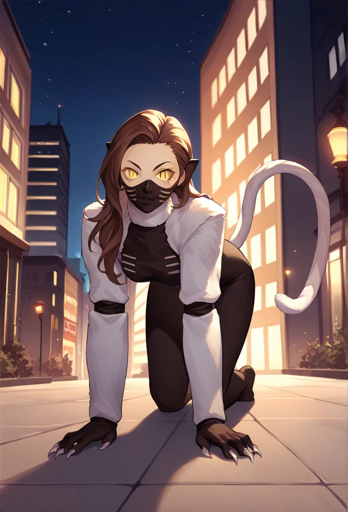 score_9, score_8_up, score_7_up, source_anime,  1girl, all fours, looking at viewer, nekomatasmt, brown hair, long hair, yellow eyes, slit eyes, cat tail, animal ears, claws, face mask, bodysuit, bolero, outdoors, night, city