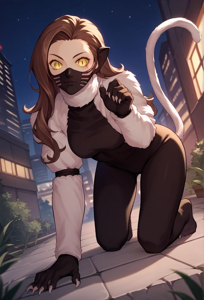 score_9, score_8_up, score_7_up, source_anime,  1girl, all fours, looking at viewer, nekomatasmt, brown hair, long hair, yellow eyes, slit eyes, cat tail, animal ears, claws, face mask, bodysuit, bolero, outdoors, night, city