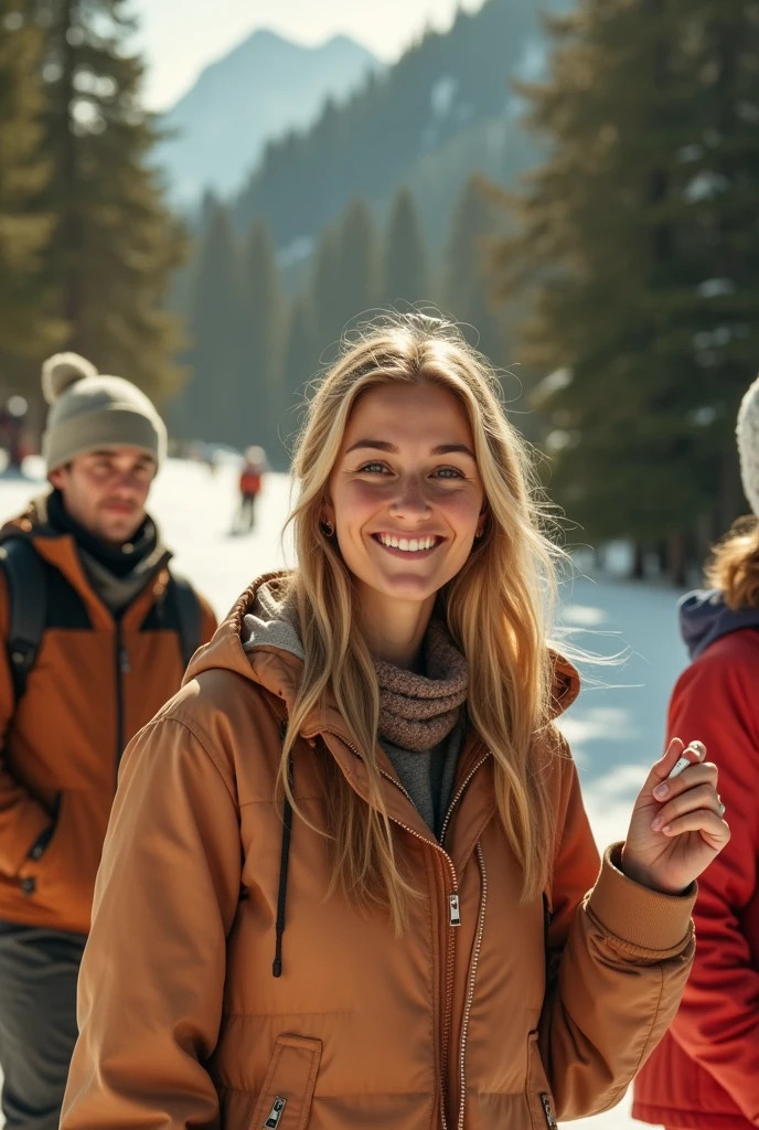 This woman, with her friend AT ski resort. On snowboards with one cigarette in her left hand 