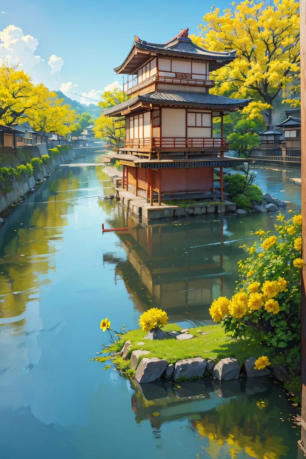 ((traditional japan houses near river with a big yellow flower tree: 1.3)) , ((camera facing the front of the houses:1.2)), ((next to a river: 1.2)), detailed anime artwork, urban, japan anime scene, ((bright blue sky: 1.0)), extra detailed, very detailed, japanese village , plants, birds, anime style, anime, lofi, lofi vibe, ((best quality:1.5)), ((masterpiece:1.5)), ((highly detailed:1.3)), ((anime aesthetic:1.2)), ((no one: 1.2)), ((no people: 1.2))