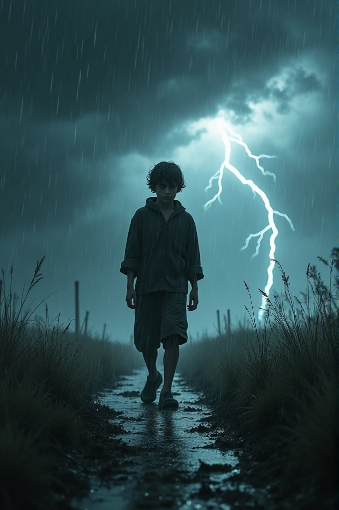 Background ran and thunder a boy age 16  walk in graond 