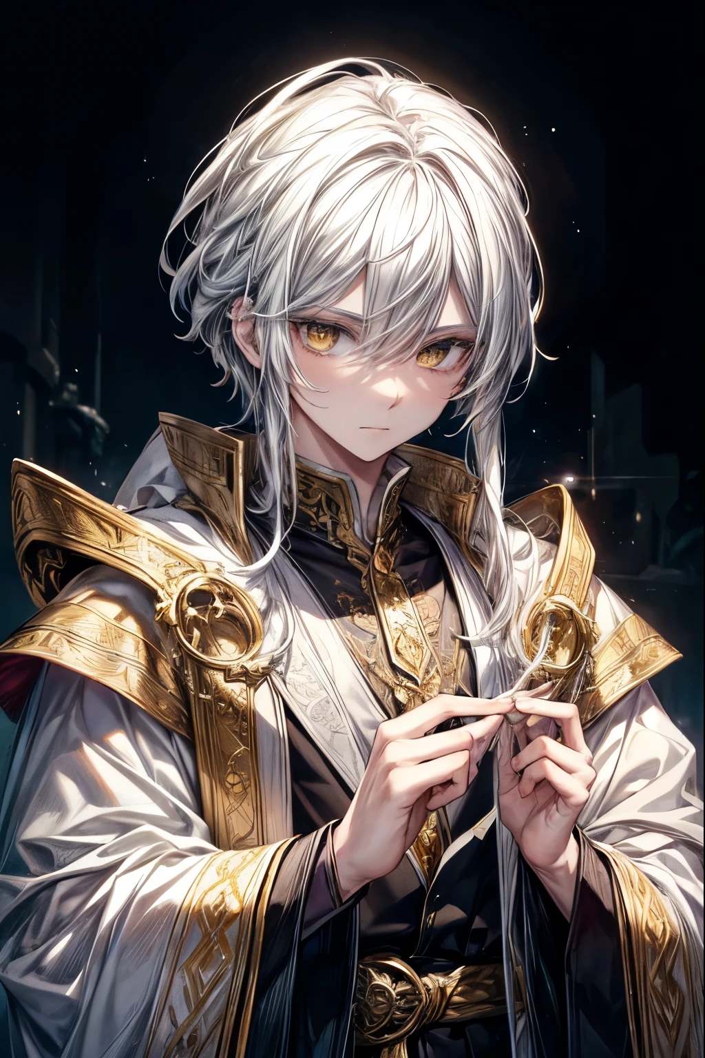 A beautifully detailed and photorealistic portrait of a young male sorcerer or wizard, with striking white hair, piercing yellow eyes, and an intricate, ornate white robe adorned with golden accents. The subject has a perfect, expressive face with masterfully rendered features and an aura of nobility and power. The scene is of the highest quality, with incredible attention to detail and a sense of magic and wonder.