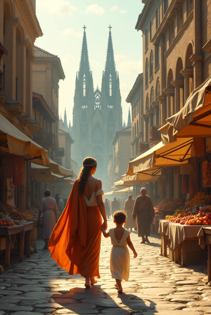 Create a mother with her child walking through the ancient Rome with Cologne in the background