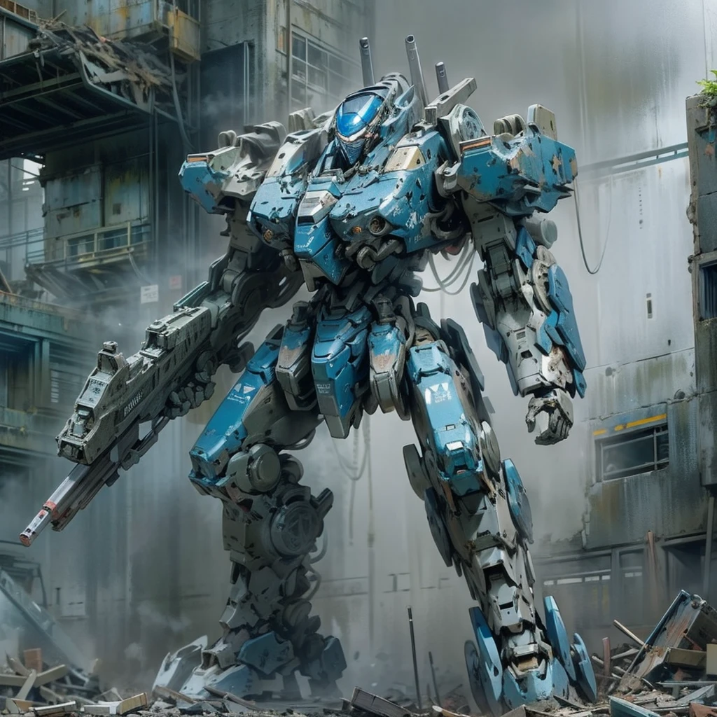 Armored Core、Futuristic robot weapons、Gray base with ultramarine coloring、Lightweight Bipod、The right arm is equipped with a Gatling gun、The left arm is equipped with a pile bunker、Missile pot on shoulder、Afterburner、A ruined world、Abandoned building、cool