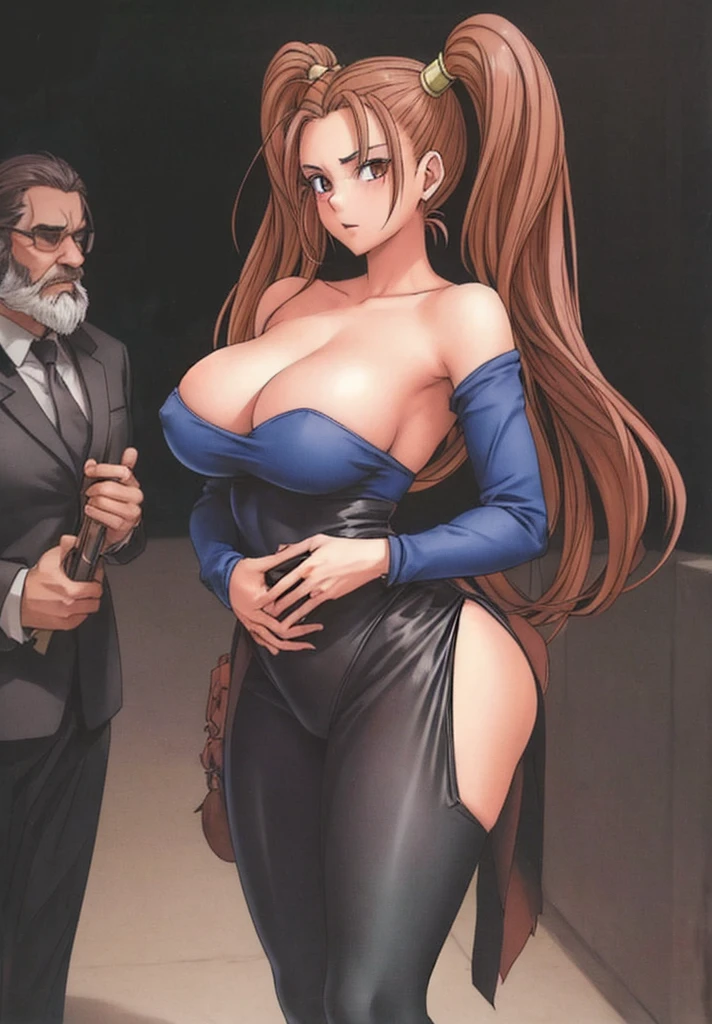 Jessica, with her large breasts, beautiful legs, shoulder-length twin tails, showing her arms and shoulders, and a mature face, is standing in a black high-cut bunny suit with her hands on her hips.。Next to Jessica is a slightly large, bearded, middle-aged man in casual clothes standing with his arm around her shoulder.。