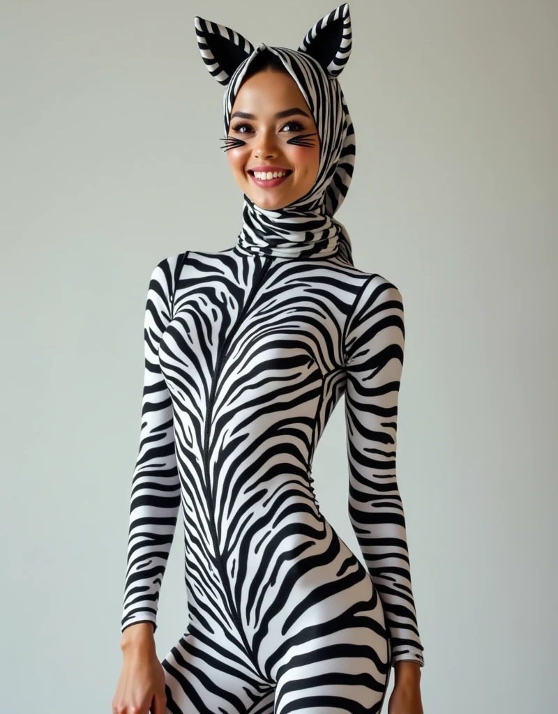 The beautiful and slender thin asian muslimah adult girl with beautiful cheeks wears plains zebra print lycra turtleneck unitard catsuit covered with stripes with a tail and plains zebra print lycra elastane stretchy dancewear 100% stretchy hijab covered with stripes with zebra ears.She is happy.She always put strong black marker pen draw a pair of fake long cat whiskers and nose makeup!