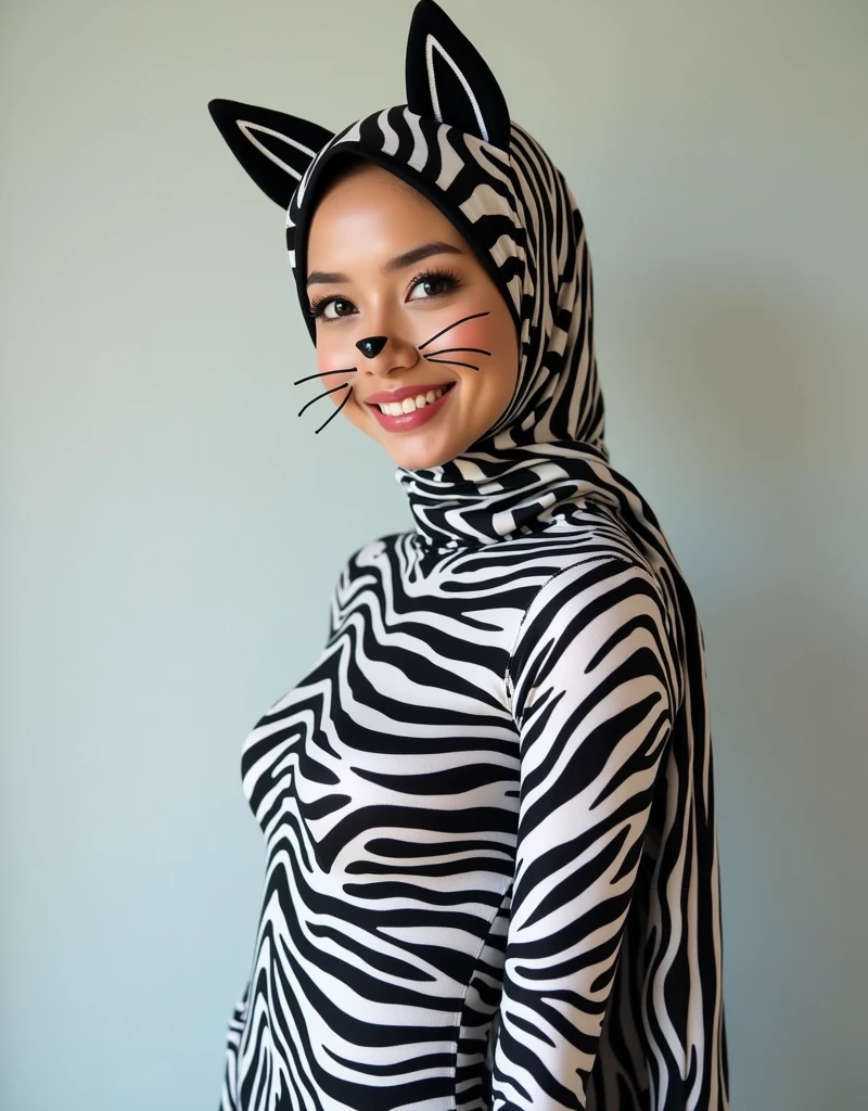 The beautiful and slender thin asian muslimah adult girl with beautiful cheeks wears plains zebra print lycra turtleneck unitard catsuit covered with stripes with a tail and plains zebra print lycra elastane stretchy dancewear 100% stretchy hijab covered with stripes with zebra ears.She is happy.She always put strong black marker pen draw a pair of fake long cat whiskers and nose makeup!