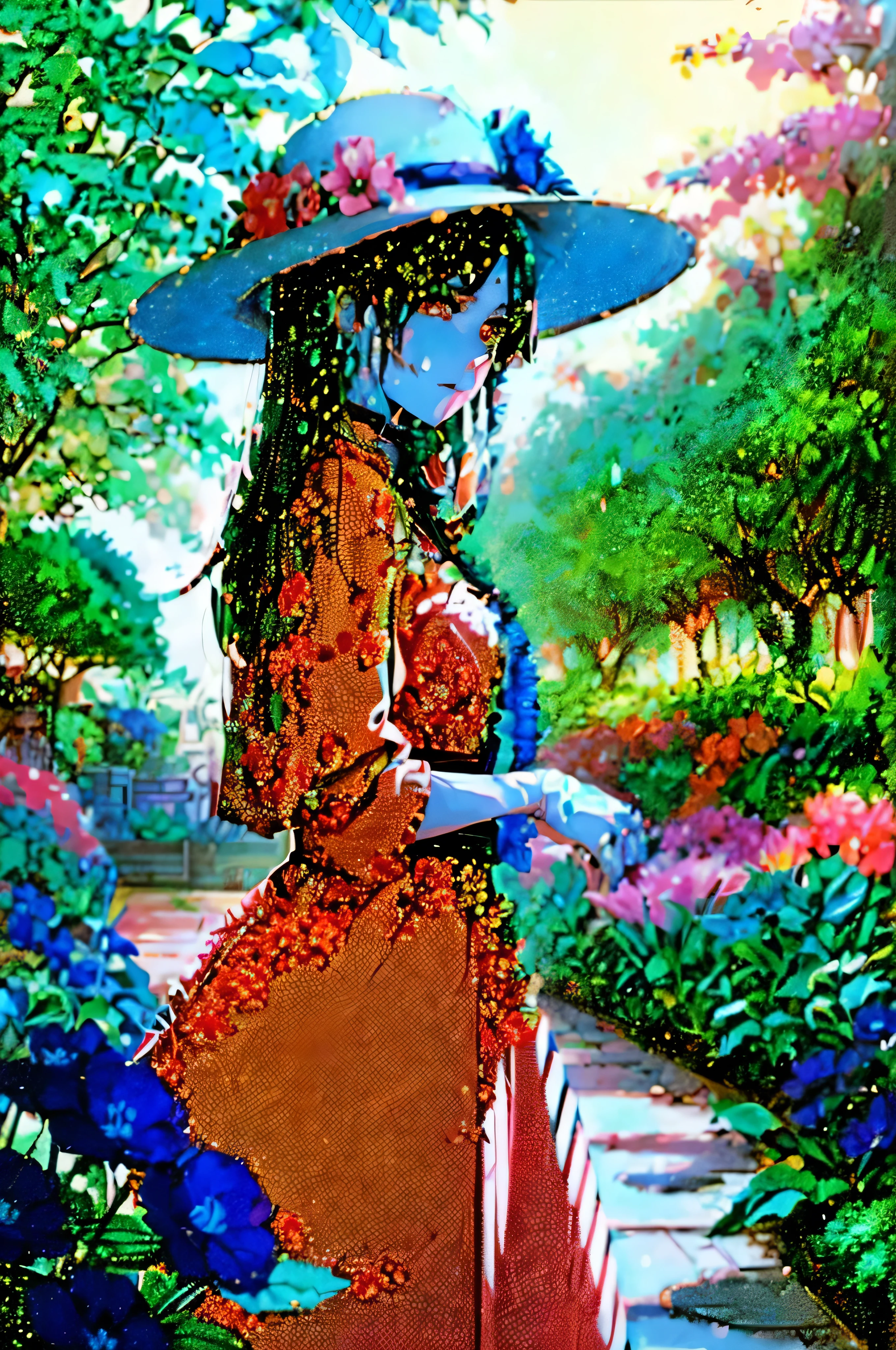 woman in leopard dress, woman in panama, woman in a flower garden, anime woman in purple dress and hat in garden with flowers, digital anime illustration, anime style, цифровое искусство anime style, иллюстрация anime style, detailed digital anime art, nice anime style, mixed with Fujifilm, in cyberpunk-sadoo, made in an anime artist's studio