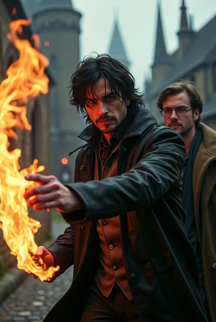 Colin O' Donoghue, Killian Jones with scheck hort black hair, dressed in a black leather pirate coat shows fire magic in hogwards. You can see the school in the background. Harry Potter, Daniel Radcliffe, as an adult with round glasses and the scar on his forehead shaped like a lightening is watching him interested. It's a magical yet mysterious atmosphere. Make it hyperrealistic and cinematic