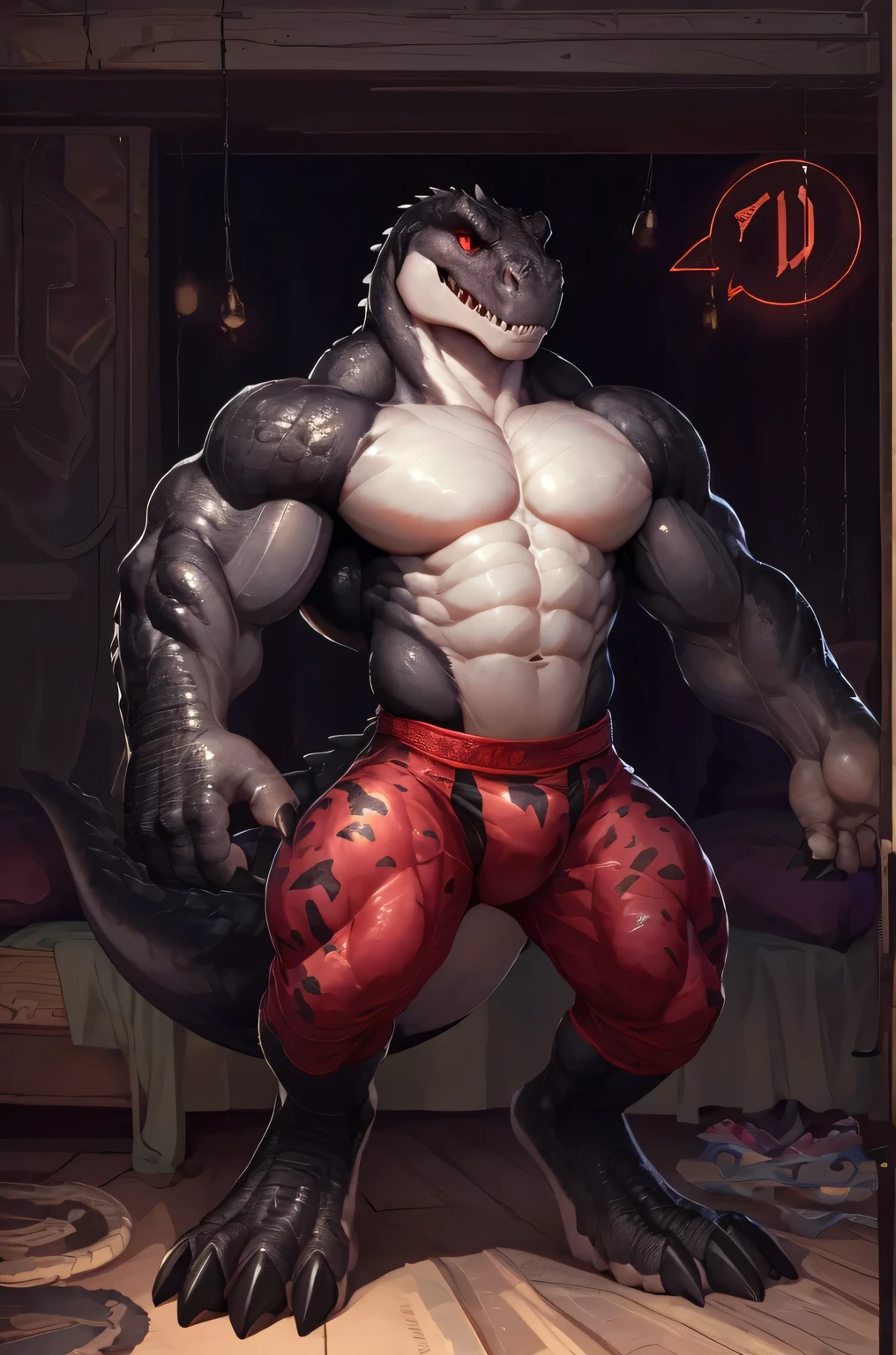 solo, anthro, male, ultra details, T-Rex, ((ultra detailed muscles)), (T-Rex print), black scales, white belly, black spiny scales, bedroom, standing up, bodybuilding pose, bodyguard outfit, black claws, red eyes, slit eyes, slim fit, muscular slim, menacing, sexy, handsome, flirt, ultra detailed slit eyes, pecs, hind leg, tail, looking at viewer, (Masterpiece, by null-ghost, ultra hi-res, 8k), naked torso , black posing trunk, front point of view.