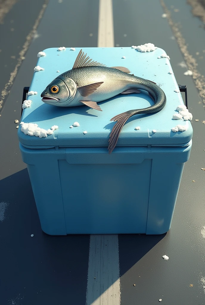 One fish on big rectangle ice box, tale touch ground on road 