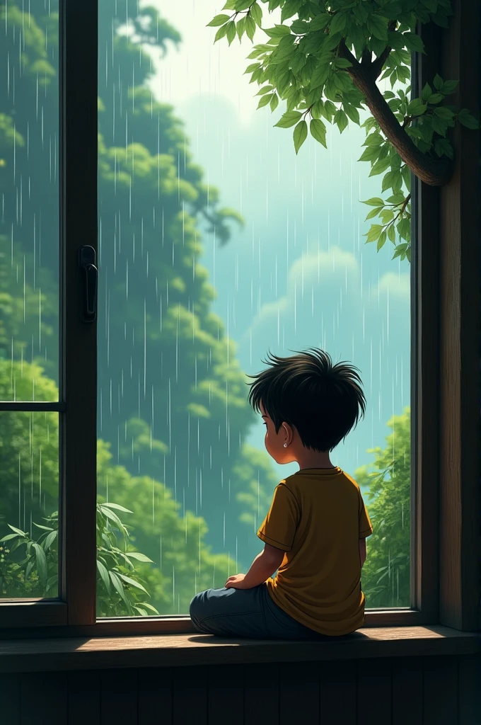 Boy sitting at window watching rain in nature