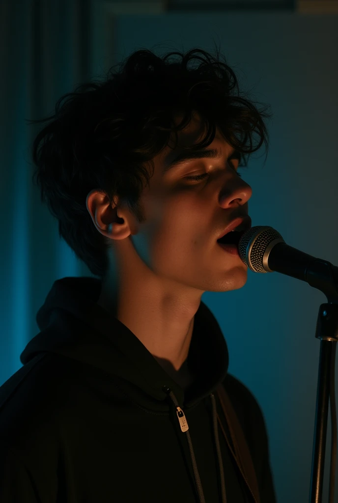 A young male singer singing alone at home rock music ,dark background