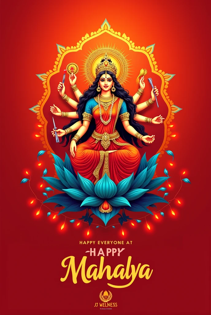 Creat an card wishing everyone happy Mahalaya in blue front with a red background.The card is from the company JJ Wellness as the wish their customers happy Mahalaya with Maa Dugra's imagine in the middle.