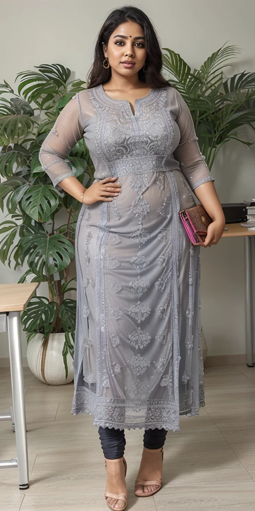 Day scene, A radiant, full-figured South Indian 3 aunty a gray colour chiffon fully transparent kurta, bra visible through kurta, ,standing, in a office captured in a full-body image with vibrant hues and meticulous details. Full body image