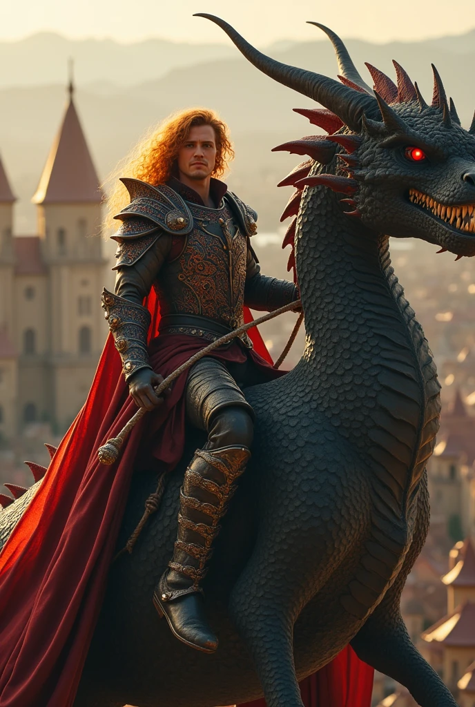 (photorealism:1.2), handsome man, flying on a huge dragon. The dragon is huge and fearsome. The dragon's head alone is twice the size of many houses., and the shadow of the dragon covers entire cities The dragon is more than 50 times larger than man, So keep that in mind when making the image.. the man se sitúa en el lomo del dragón y lleva riendas en las manos para no caer del dragón ., the man: dressed in intricately detailed, ruby-encrusted armor and worn, Long curly orange hair waving in the wind, orange eyebrown, amber eyes, Sun light, Rooftops of a medieval town in the background, euphoric pose, realist, intricate details, warm colors, warm skin.