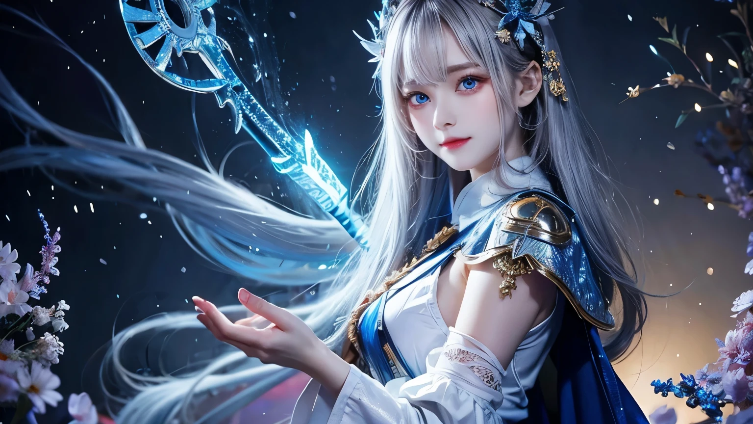 dark cave background、Watery blue eyes that glow in the dark、
((​masterpiece))、((top-quality))、beautiful girl with a cold face、Holds up a sword that emits blue light